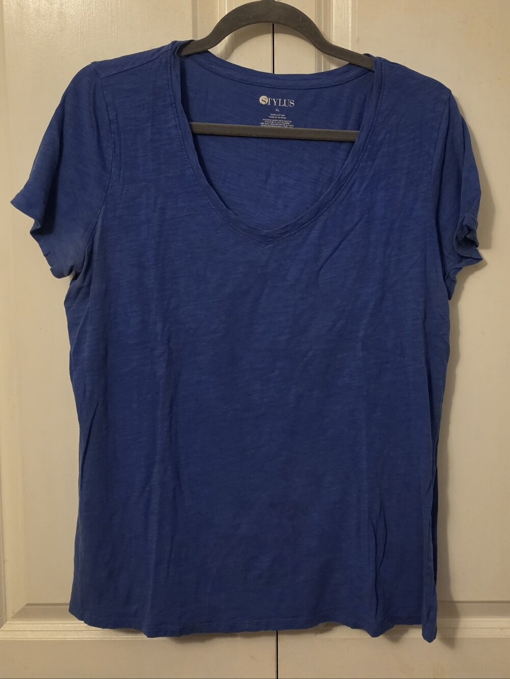 Stylus XL Royal Blue Short Sleeve V-neck T-shirt Ladies Top 100% Cotton Blouse